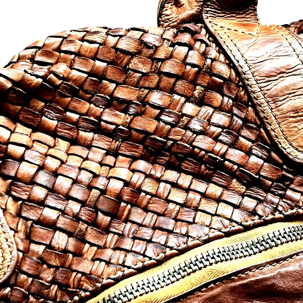 Bruno Magli Brown Woven Leather Duffle Satchel Travel Bag Made Italy Y2K